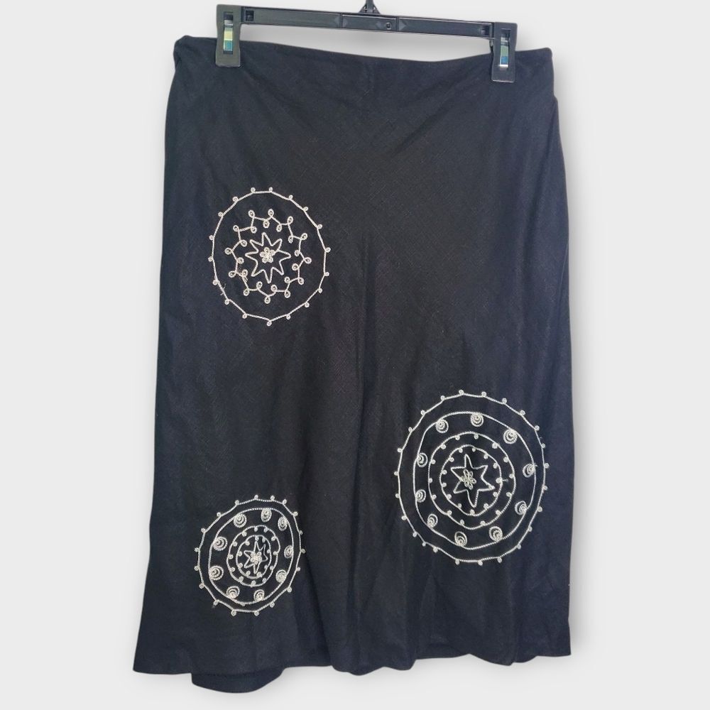 Richard Malcolm Black Linen Skirt White Embroidered Detail Size 10